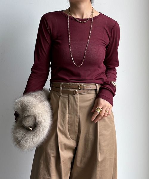 DouDou(ドゥドゥ)の「コットンシアーTEE(Tシャツ/カットソー・レディース・ネイビー/オフホワイト/ベビーピンク/サックスブルー/ホワイト/レモンイエロー/ブラック/ブルー/ブラウン/ライトベージュ/ピンク/ボルドー/ダークブラウン・FREE)」の19枚目の写真