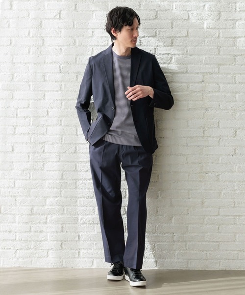極美品【グローバルワーク】インディゴ　ノーカラー　パンツスーツ　ウエストゴム　L GLOBAL WORK スラックス パンツ スゴラクストレッチデニムパンツ
