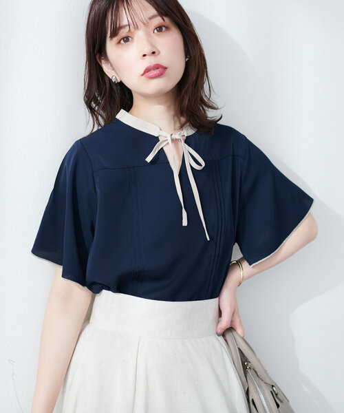 cen. セン. 日本製　japan リボン　長袖ブラウス　フレア　リブ　黒　F cen. セン. 日本製 japan リボン 長袖ブラウス フレア リブ 黒 F