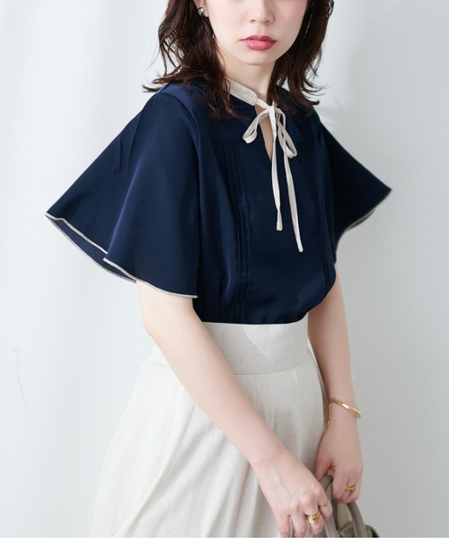 natural couture（ナチュラルクチュール）の「【WEB限定】配色リボンフレア袖ブラウス（シャツ/ブラウス・レディース・ネイビー/グレイッシュベージュ/その他1/ベージュ/ミント・FREE）」の4枚目の写真