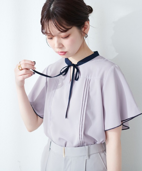 natural couture（ナチュラルクチュール）の「【WEB限定】配色リボンフレア袖ブラウス（シャツ/ブラウス・レディース・ネイビー/グレイッシュベージュ/その他1/ベージュ/ミント・FREE）」の2枚目の写真