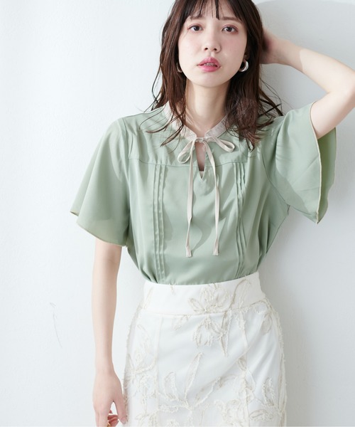 natural couture（ナチュラルクチュール）の「【WEB限定】配色リボンフレア袖ブラウス（シャツ/ブラウス・レディース・ネイビー/グレイッシュベージュ/その他1/ベージュ/ミント・FREE）」の3枚目の写真