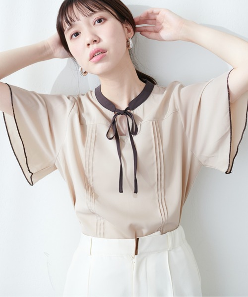 natural couture（ナチュラルクチュール）の「【WEB限定】配色リボンフレア袖ブラウス（シャツ/ブラウス・レディース・ネイビー/グレイッシュベージュ/その他1/ベージュ/ミント・FREE）」の6枚目の写真