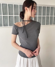 [UNE ORIGINAL]ワンオフショルダーチョーカーリボンTシャツカットソー
