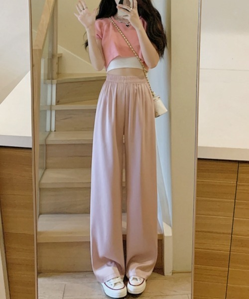 gossip!ロサンゼルス(ゴシップロサンゼルス)の「Y2Kカジュアルパンツ 長ズボン 無地冷感カジュアルパンツ ストレートパンツ リラックスフィットパンツ(スラックス・レディース・ピンク/グリーン/ブルー/オフホワイト/ブラック・FREE)」の1枚目の写真