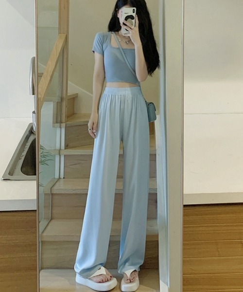 gossip!ロサンゼルス(ゴシップロサンゼルス)の「Y2Kカジュアルパンツ 長ズボン 無地冷感カジュアルパンツ ストレートパンツ リラックスフィットパンツ(スラックス・レディース・ピンク/グリーン/ブルー/オフホワイト/ブラック・FREE)」の5枚目の写真