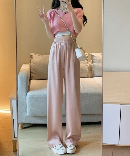 gossip!ロサンゼルス(ゴシップロサンゼルス)の「Y2Kカジュアルパンツ 長ズボン 無地冷感カジュアルパンツ ストレートパンツ リラックスフィットパンツ(スラックス・レディース・ピンク/グリーン/ブルー/オフホワイト/ブラック・FREE)」の7枚目の写真