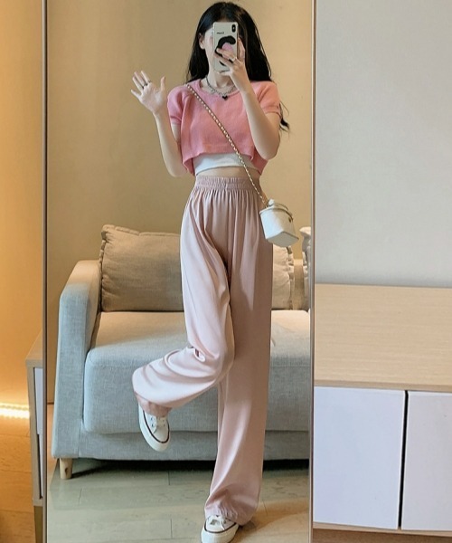 gossip!ロサンゼルス(ゴシップロサンゼルス)の「Y2Kカジュアルパンツ 長ズボン 無地冷感カジュアルパンツ ストレートパンツ リラックスフィットパンツ(スラックス・レディース・ピンク/グリーン/ブルー/オフホワイト/ブラック・FREE)」の8枚目の写真