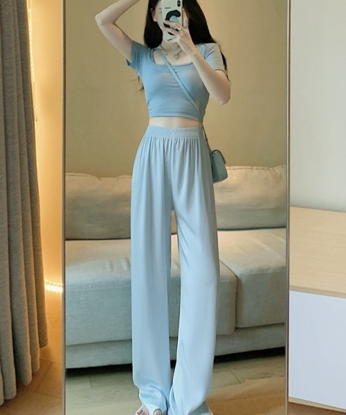 gossip!ロサンゼルス(ゴシップロサンゼルス)の「Y2Kカジュアルパンツ 長ズボン 無地冷感カジュアルパンツ ストレートパンツ リラックスフィットパンツ(スラックス・レディース・ピンク/グリーン/ブルー/オフホワイト/ブラック・FREE)」の14枚目の写真