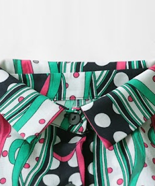 アソート柄 vintage パッチワーク 柄シャツ ブラウス 昭和レトロ 深緑 昭和レトロ ヴィンテージ 総柄サテン ドレスシャツ 幾何学模様