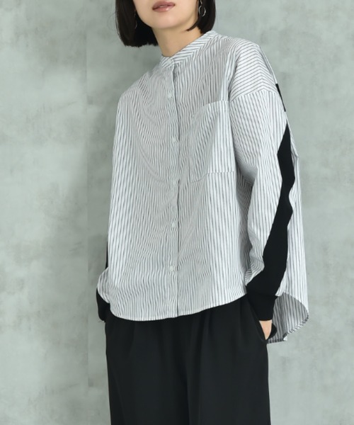 INTERPLANET（インタープラネット）の「ノーカラーバックヨーク切替シャツ（シャツ/ブラウス・レディース・オフホワイト/ブルー/アイボリー・FREE）」の2枚目の写真