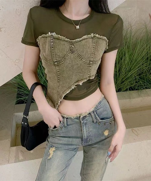 gossip!ロサンゼルス(ゴシップロサンゼルス)の「チュールショートデニムTシャツ(Tシャツ/カットソー・レディース・オリーブ/ブラック・FREE)」の1枚目の写真