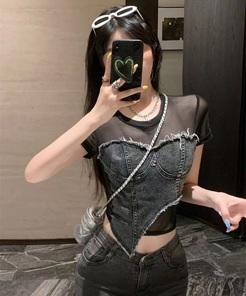 gossip!ロサンゼルス(ゴシップロサンゼルス)の「チュールショートデニムTシャツ(Tシャツ/カットソー・レディース・オリーブ/ブラック・FREE)」の4枚目の写真