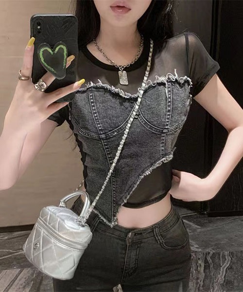 gossip!ロサンゼルス(ゴシップロサンゼルス)の「チュールショートデニムTシャツ(Tシャツ/カットソー・レディース・オリーブ/ブラック・FREE)」の8枚目の写真