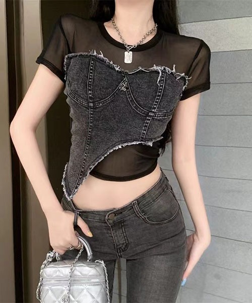 gossip!ロサンゼルス(ゴシップロサンゼルス)の「チュールショートデニムTシャツ(Tシャツ/カットソー・レディース・オリーブ/ブラック・FREE)」の6枚目の写真