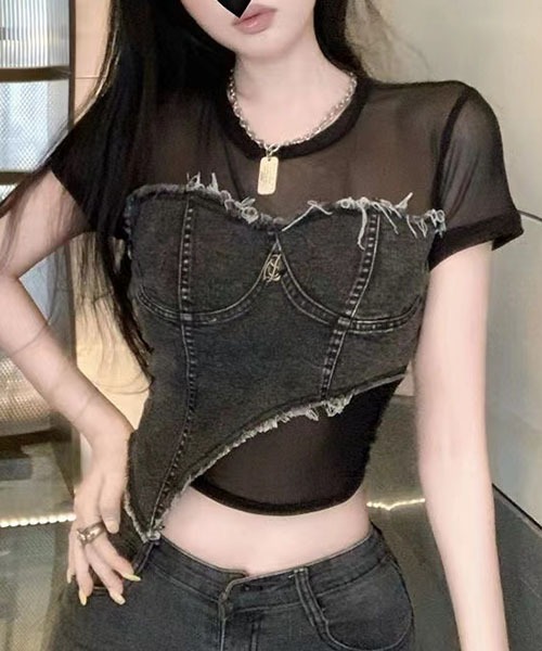 gossip!ロサンゼルス(ゴシップロサンゼルス)の「チュールショートデニムTシャツ(Tシャツ/カットソー・レディース・オリーブ/ブラック・FREE)」の5枚目の写真