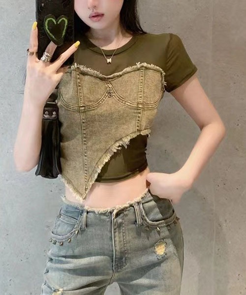 gossip!ロサンゼルス(ゴシップロサンゼルス)の「チュールショートデニムTシャツ(Tシャツ/カットソー・レディース・オリーブ/ブラック・FREE)」の9枚目の写真