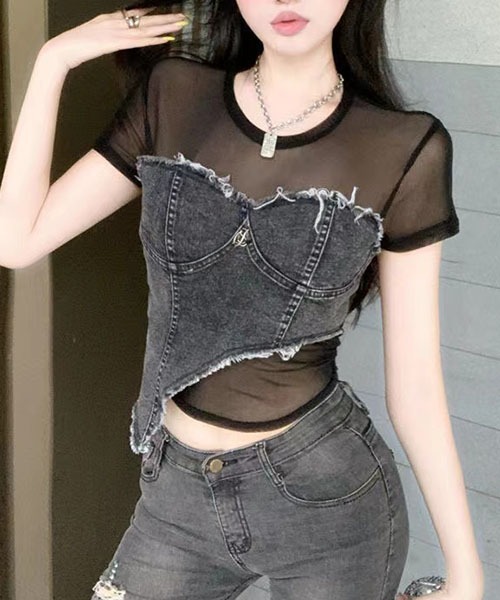 gossip!ロサンゼルス(ゴシップロサンゼルス)の「チュールショートデニムTシャツ(Tシャツ/カットソー・レディース・オリーブ/ブラック・FREE)」の3枚目の写真