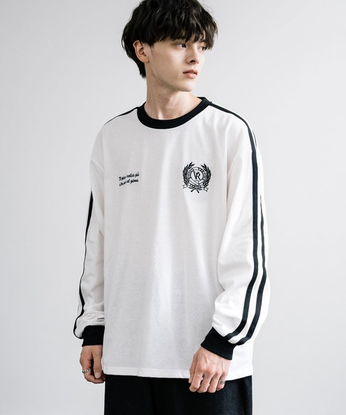 Rocky Monroe(ロッキーモンロー)の「オーバーサイズ袖ライン入りモノトーンリンガー長袖Tシャツ(Tシャツ/カットソー・メンズ・ホワイト系/ブラック/ブラック系/ホワイト・XL/L/M)」の9枚目の写真