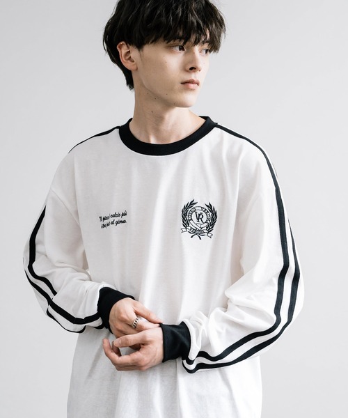Rocky Monroe(ロッキーモンロー)の「オーバーサイズ袖ライン入りモノトーンリンガー長袖Tシャツ(Tシャツ/カットソー・メンズ・ホワイト系/ブラック/ブラック系/ホワイト・XL/L/M)」の12枚目の写真
