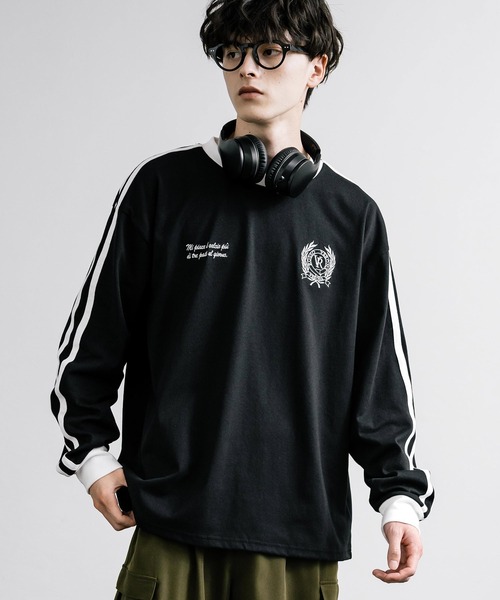 Rocky Monroe(ロッキーモンロー)の「オーバーサイズ袖ライン入りモノトーンリンガー長袖Tシャツ(Tシャツ/カットソー・メンズ・ホワイト系/ブラック/ブラック系/ホワイト・XL/L/M)」の18枚目の写真
