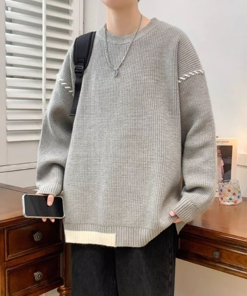 ROOPTOKYO(ループトウキョウ)の「ステッチデザイン アシンメトリー切り返しデザインニット(ニット/セーター・メンズ・ブラック/グレー/ホワイト・M/L/XL)」の3枚目の写真