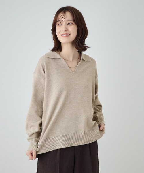 SHOO・LA・RUE（シューラルー）の「【S－LL】スキッパー衿付きニット（ニット/セーター・レディース・ダークグレー/ベージュ/グリーン系・04/03/02/01）」の12枚目の写真