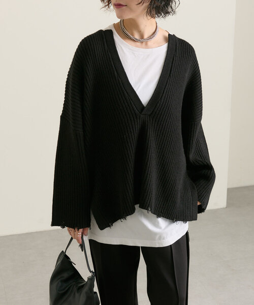 ear PAPILLONNER(イアパピヨネ)の「ダメージニット【SUM1 STYLE(スミスタイル)】(ニット/セーター・レディース・ボルドー/ブラック・FREE)」の3枚目の写真