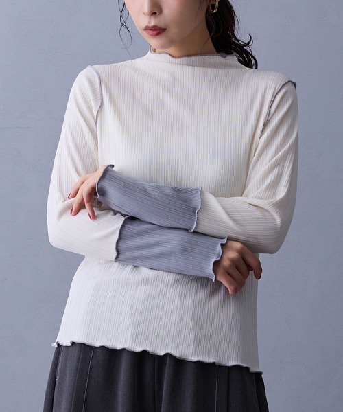 NICOLE white（ニコルホワイト）の「袖配色ランダムリブプルオーバー（Tシャツ/カットソー・レディース・サックスブルー/イエロー/ネイビー/オフホワイト/ブラック/グレー/モカ/ボルドー・FREE）」の2枚目の写真