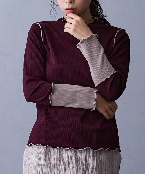 NICOLE white（ニコルホワイト）の「袖配色ランダムリブプルオーバー（Tシャツ/カットソー・レディース・サックスブルー/イエロー/ネイビー/オフホワイト/ブラック/グレー/モカ/ボルドー・FREE）」の8枚目の写真