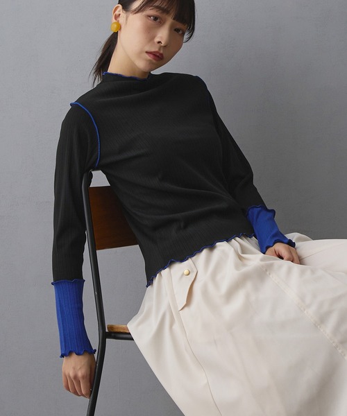 NICOLE white（ニコルホワイト）の「袖配色ランダムリブプルオーバー（Tシャツ/カットソー・レディース・サックスブルー/イエロー/ネイビー/オフホワイト/ブラック/グレー/モカ/ボルドー・FREE）」の3枚目の写真