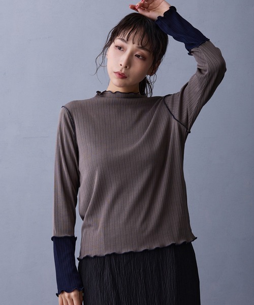 NICOLE white（ニコルホワイト）の「袖配色ランダムリブプルオーバー（Tシャツ/カットソー・レディース・サックスブルー/イエロー/ネイビー/オフホワイト/ブラック/グレー/モカ/ボルドー・FREE）」の4枚目の写真