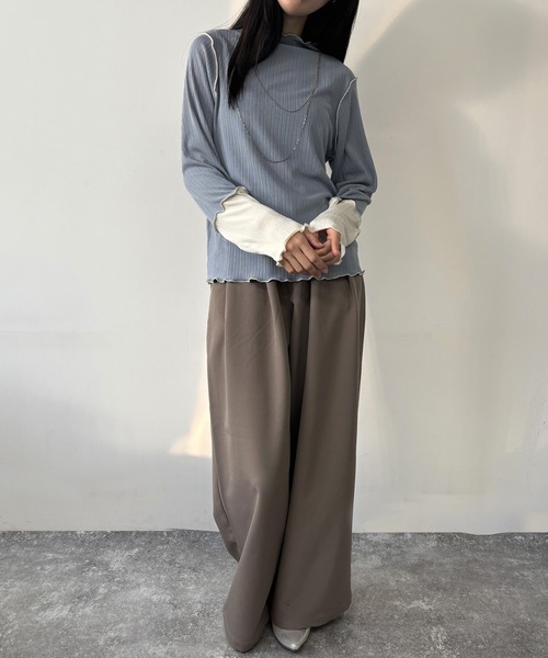 NICOLE white（ニコルホワイト）の「袖配色ランダムリブプルオーバー（Tシャツ/カットソー・レディース・サックスブルー/イエロー/ネイビー/オフホワイト/ブラック/グレー/モカ/ボルドー・FREE）」の15枚目の写真