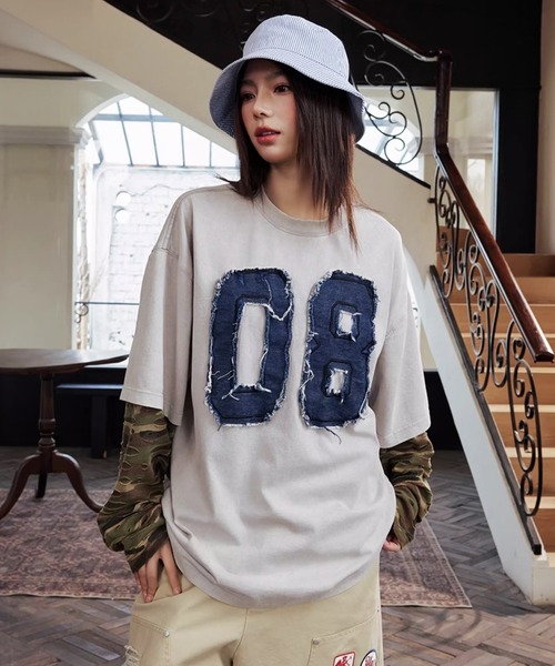 セール】デニムナンバリングTシャツ 長袖 フェイクツーピース