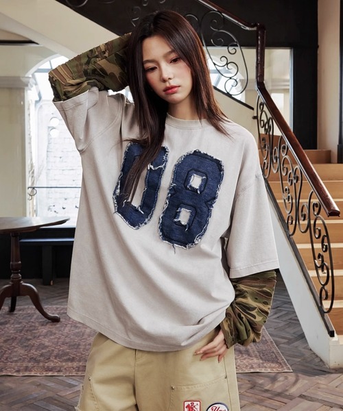 【2025 新作】 セール】デニムナンバリングTシャツ 長袖 フェイクツーピース トップス