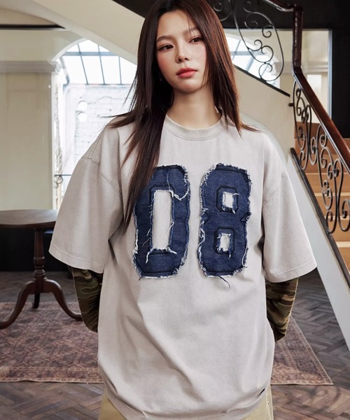デニムナンバリングTシャツ 長袖 フェイクツーピース オーバー