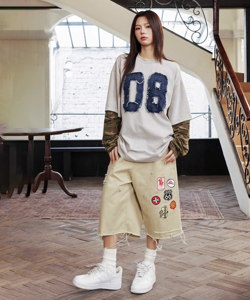 セール】デニムナンバリングTシャツ 長袖 フェイクツーピース