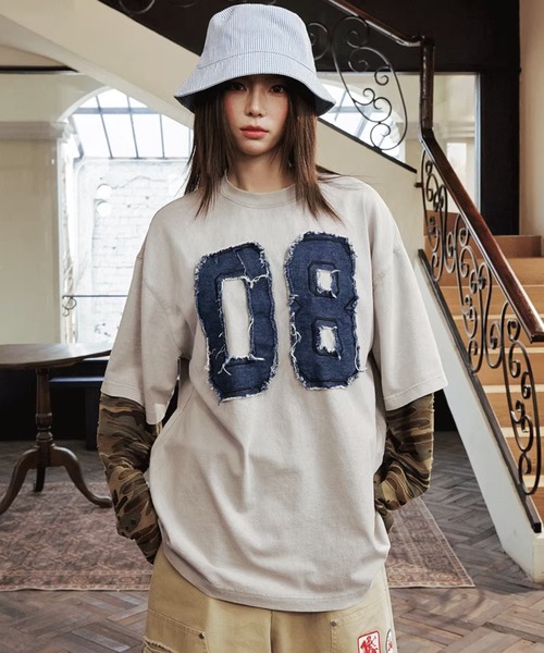 デニムナンバリングTシャツ 長袖 フェイクツーピース オーバー