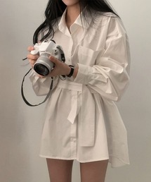 ベルト長袖シャツワンピース