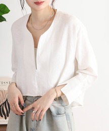 ノーカラージャケット（ホワイト/白色系・リネン・麻