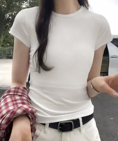 LOWO(ロワ)の「無地シンプルストレッチTシャツ カットソー(Tシャツ/カットソー・レディース・ホワイト/ブラック・2L/L/M)」の3枚目の写真