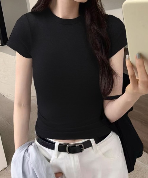 LOWO(ロワ)の「無地シンプルストレッチTシャツ カットソー(Tシャツ/カットソー・レディース・ホワイト/ブラック・2L/L/M)」の6枚目の写真