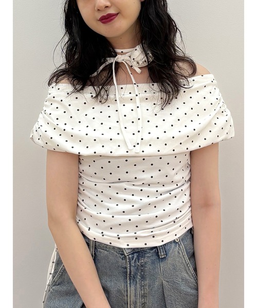 tシャツ コサージュオフショルトップス　ドット柄 レディース コサージュオフショルトップス ドット柄（Tシャツ/カットソー