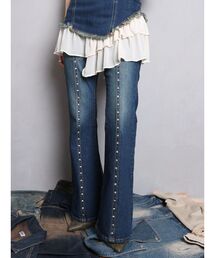 EVRIS | スタッズオープンウエストフレアデニムパンツ【セットアップ着用可能】(デニムパンツ)