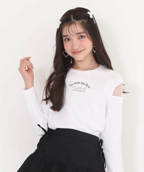 PINKHUNT（ピンクハント）の「PINKHUNT ピンクハント 肩シースルー開きロンT 0893K（Tシャツ/カットソー・キッズ・ホワイト/ブラック/ベビーピンク・120cm/130cm/140cm/150cm/160cm）」の2枚目の写真