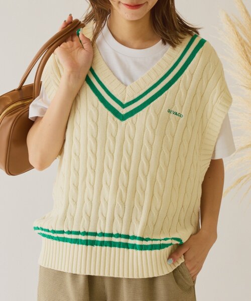 GEVACO（ゲバコ）の「【GEVACO】チルデンニットベスト（ベスト・レディース・アイボリー/ネイビー・ONE SIZE）」の2枚目の写真