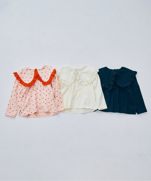 ジュニア対応】レーストリムフリル衿カットソートップス（Tシャツ