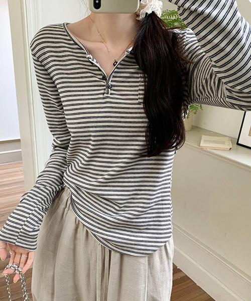 WESTSEA(ウエストシー)の「ヘンリーネック ボーダー長袖 トップス ストレッチ付(Tシャツ/カットソー・レディース・アイボリー/ブラック・L/M)」の3枚目の写真