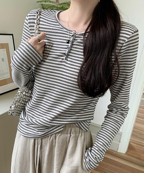 WESTSEA(ウエストシー)の「ヘンリーネック ボーダー長袖 トップス ストレッチ付(Tシャツ/カットソー・レディース・アイボリー/ブラック・L/M)」の7枚目の写真