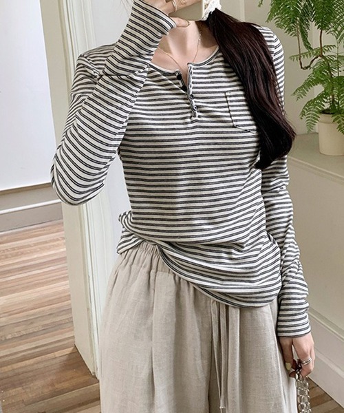 WESTSEA(ウエストシー)の「ヘンリーネック ボーダー長袖 トップス ストレッチ付(Tシャツ/カットソー・レディース・アイボリー/ブラック・L/M)」の4枚目の写真